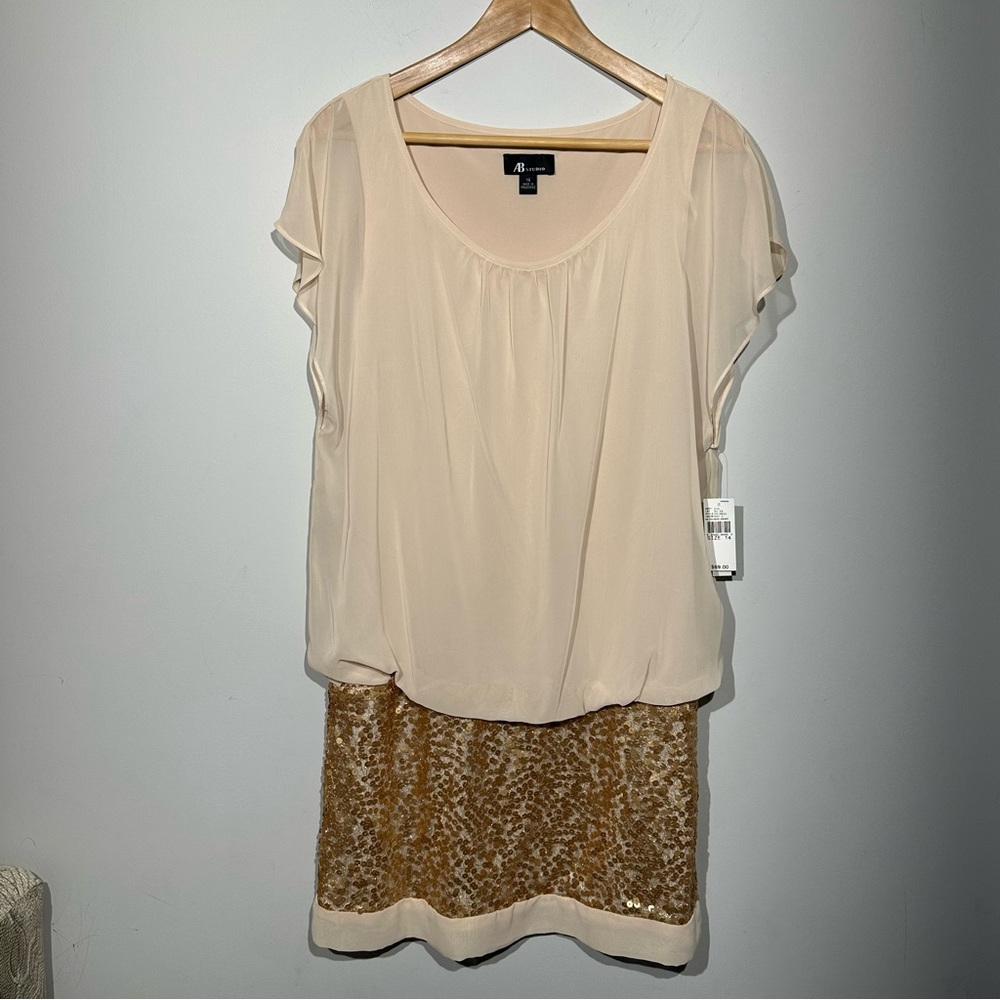 NWT AB Studio Women's Short Sleeve Mini Beige Gold Sequin Dress Size 14
